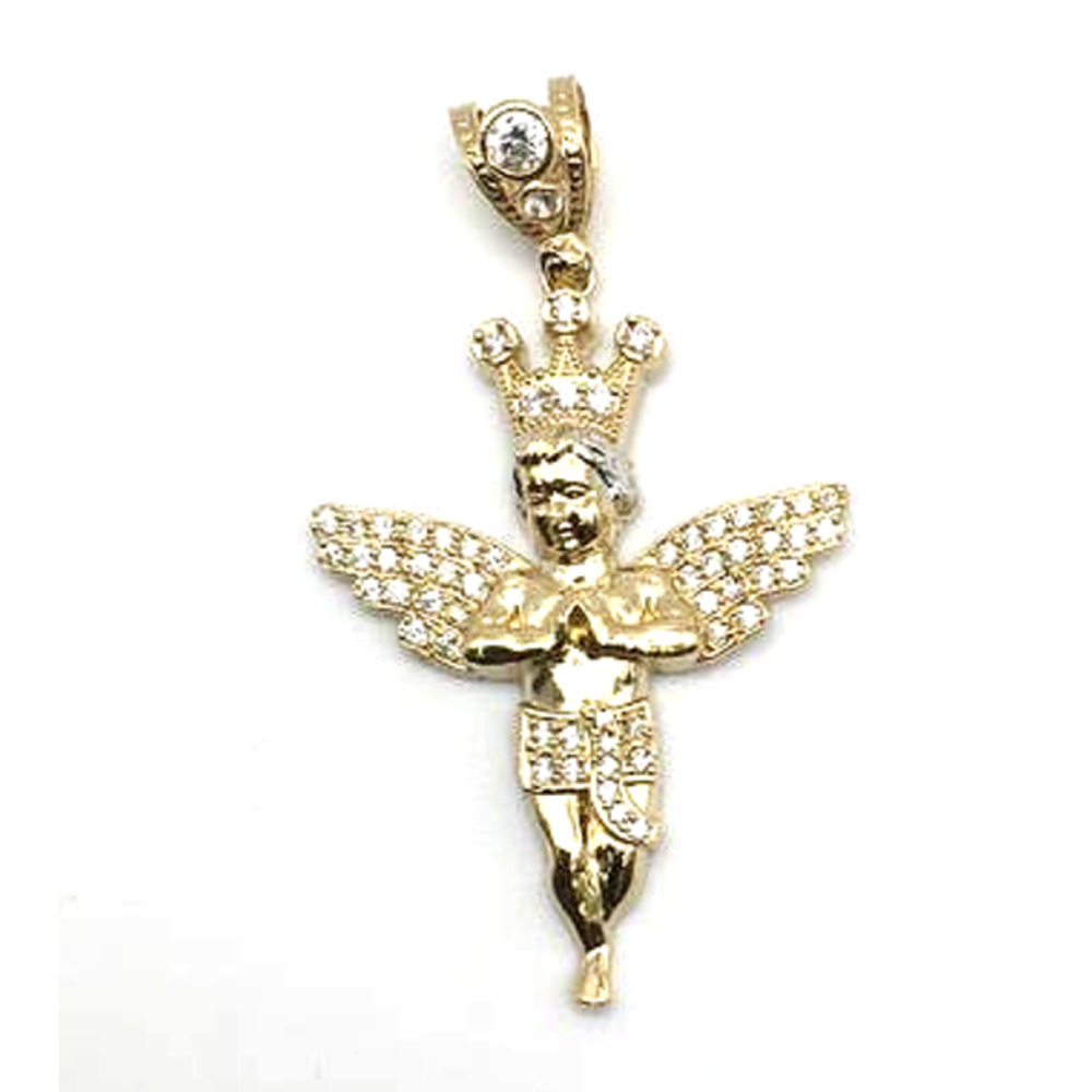 10K Yellow Gold Cupid Pendant with Zirconias 2.25"